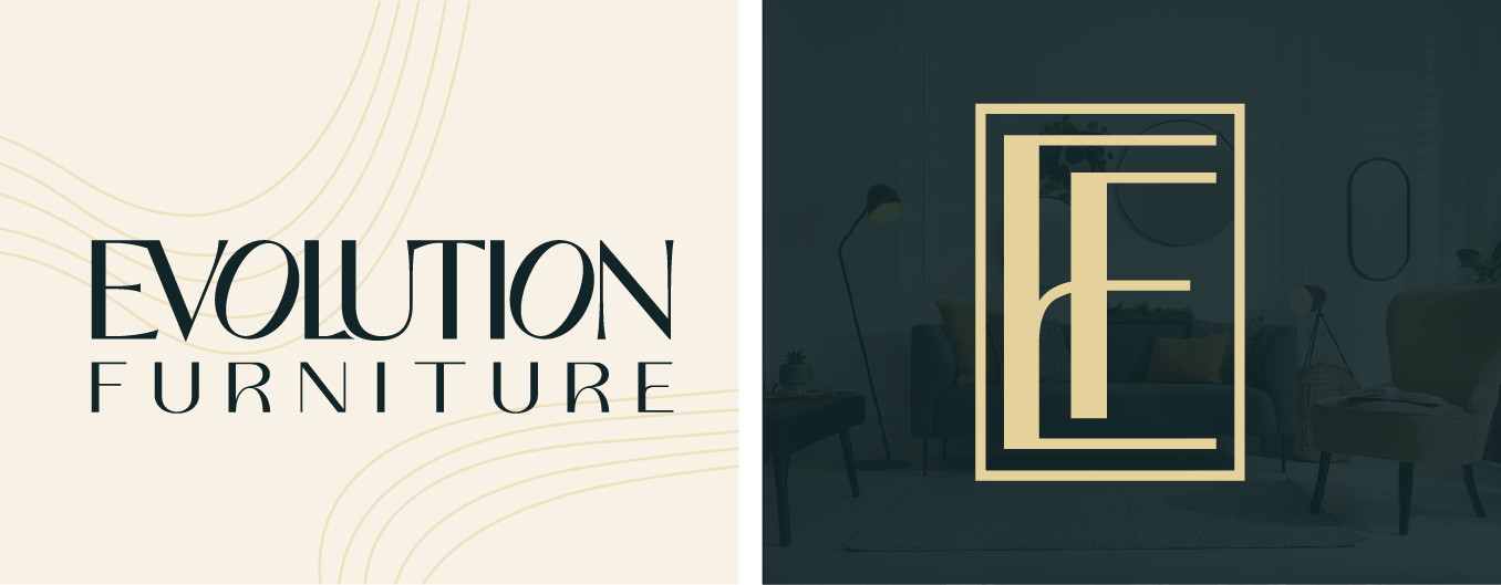 Evolution Furniture logo in black on cream and gold monogram on dark teal backgrounds