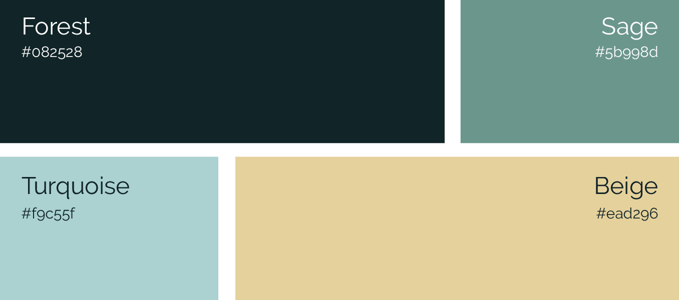 Four labeled color swatches: forest, sage, turquoise, and beige.
