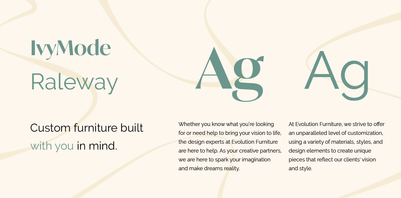 Stylized beige promotional layout for IvyMode Raleway with green “Ag” typography samples and design text