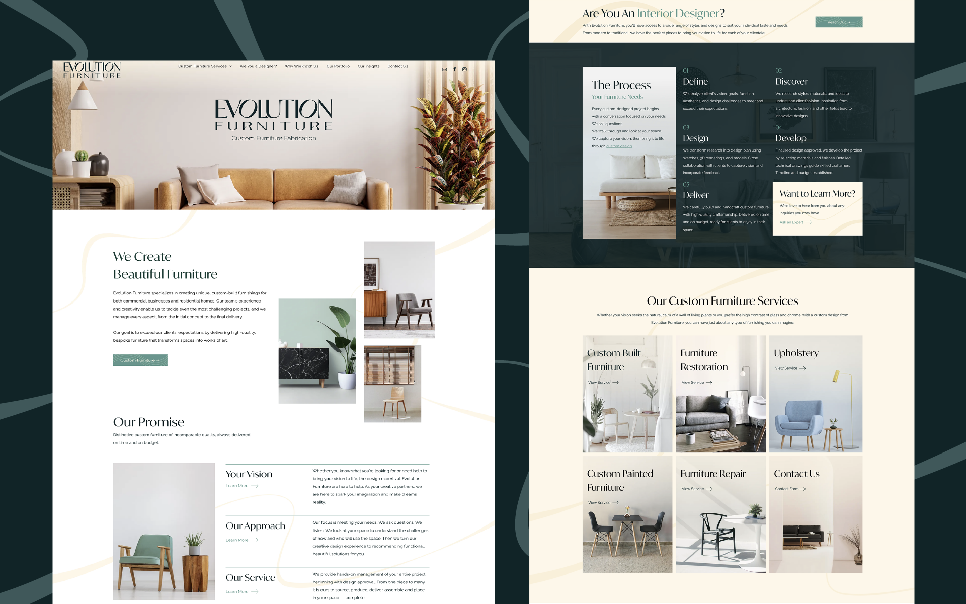 Collage of two beige and green website mockups for a home decor or interior design brand