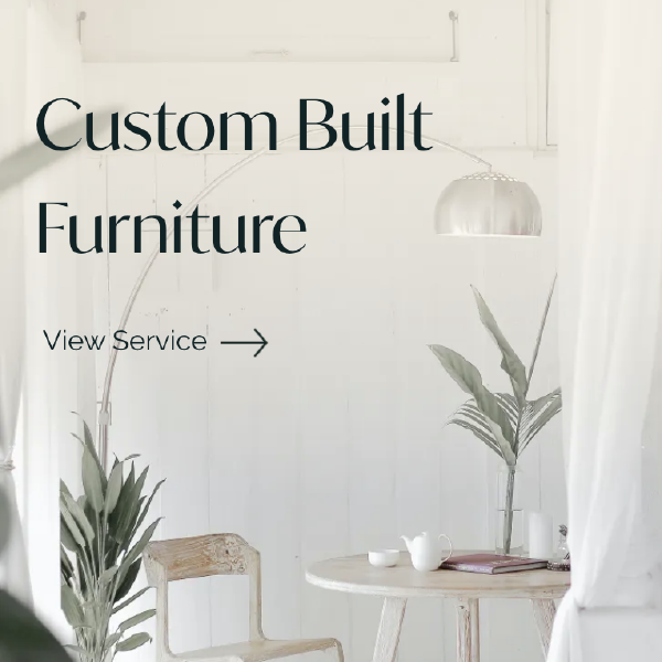 Custom built furniture promo with white dining nook, plants, and “View Service” text