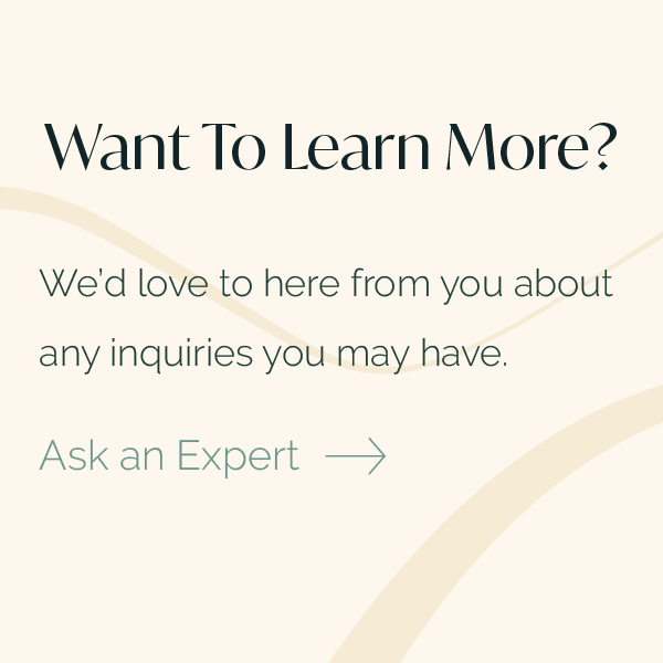 Contact card with “Want To Learn More?” and “Ask an Expert” on a cream background.