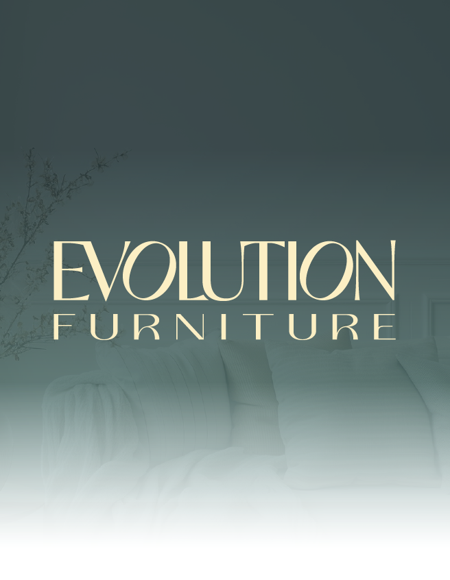 Evolution Furniture logo on a dark teal background with a soft white gradient at the bottom