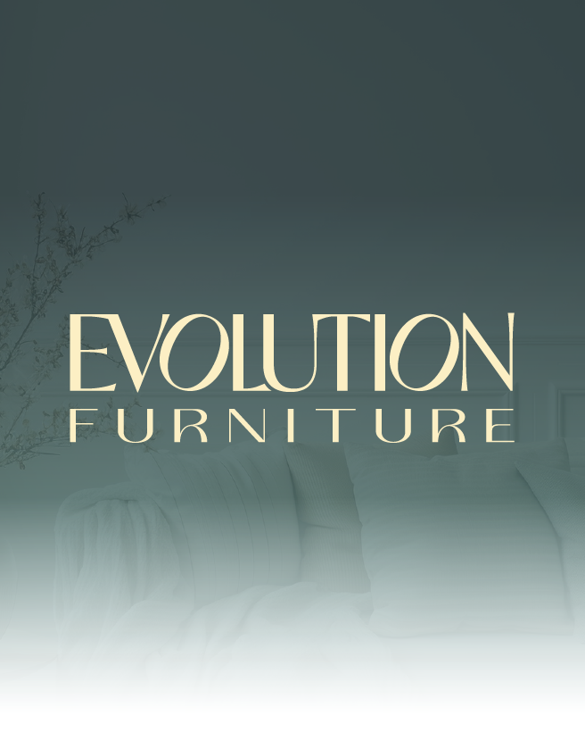 Evolution Furniture logo on a dark gray background with a white fade at the bottom.