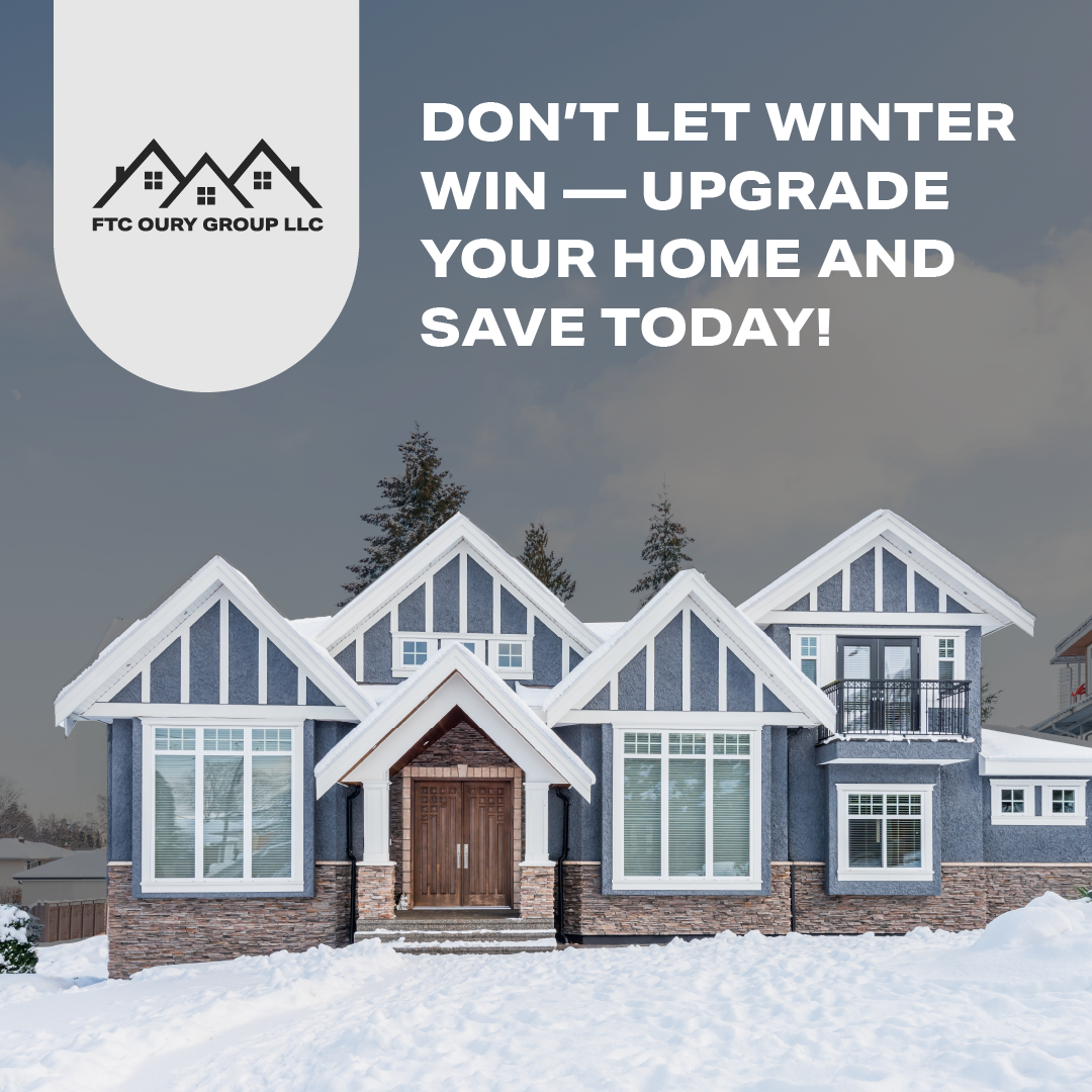 Snowy home exterior with winter-ready windows and bold ad text promoting home upgrades.