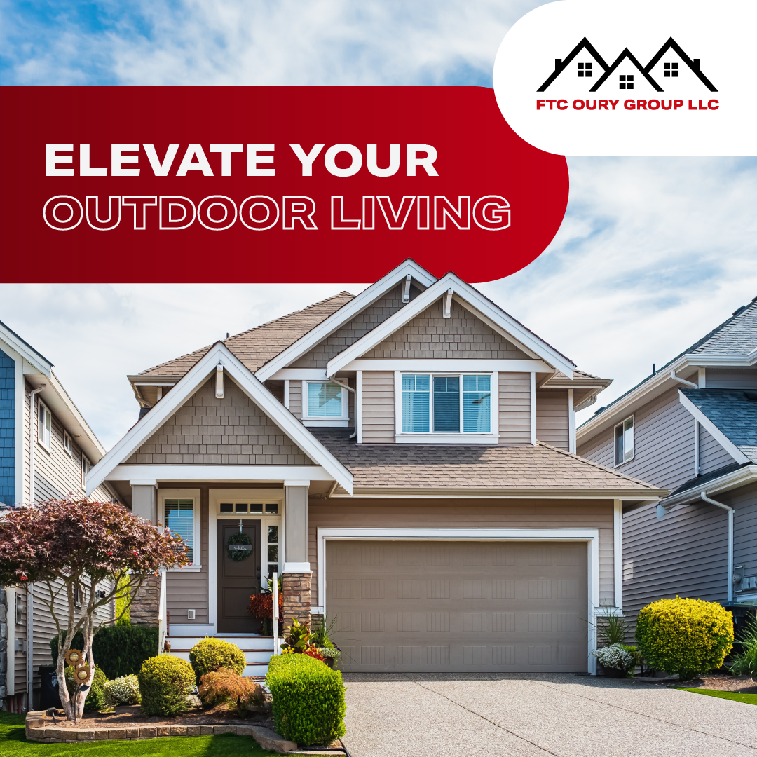Suburban house with red banner reading “Elevate Your Outdoor Living” and company logo