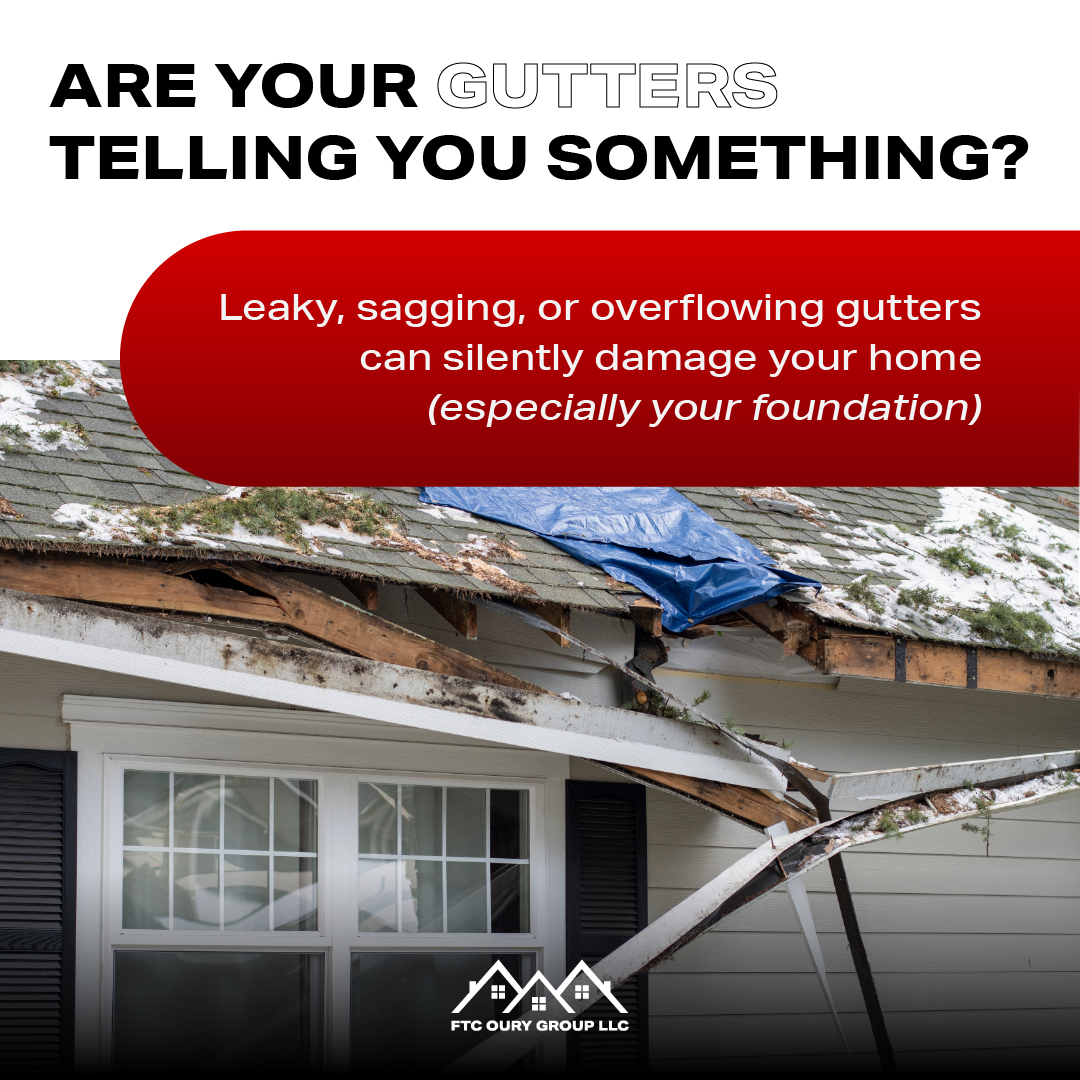 Damaged home gutters with text warning that leaks and sagging can damage foundations.