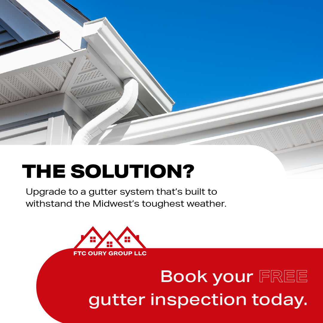 White gutter and roof against blue sky with text: “The solution? Book your free gutter inspection today.”