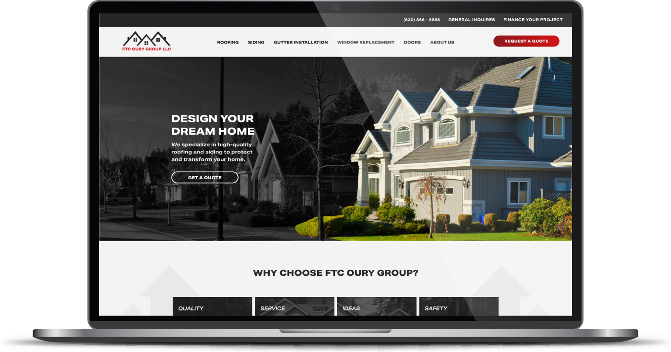 Laptop displaying a house exterior website with a large hero image and navigation menu