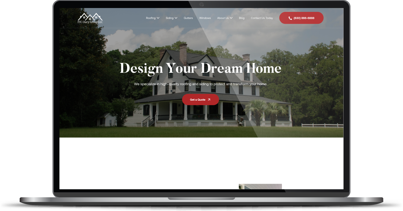 Laptop displaying a house design website with a home photo and “Design Your Dream Home” headline