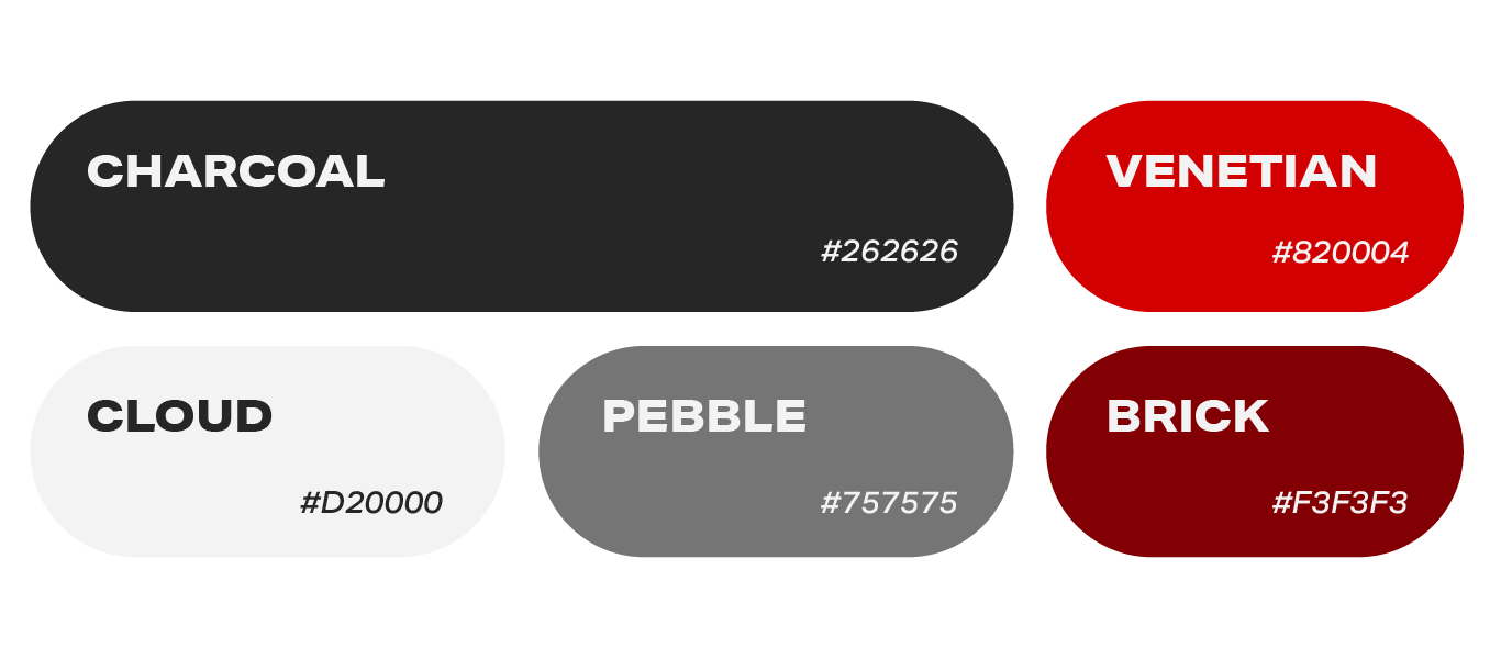 Color palette swatches labeled Charcoal, Cloud, Pebble, Venetian, and Brick with hex codes