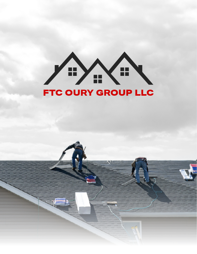 FTC Oury Group LLC logo over roofers working on a gray shingle roof under a cloudy sky