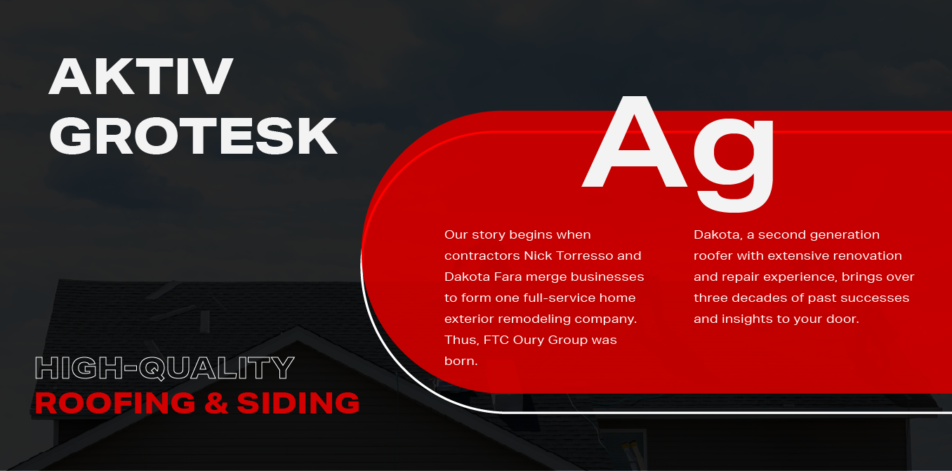 Black business card for Aktiv Grotesk with red circle, white “Ag,” and roofing and siding text