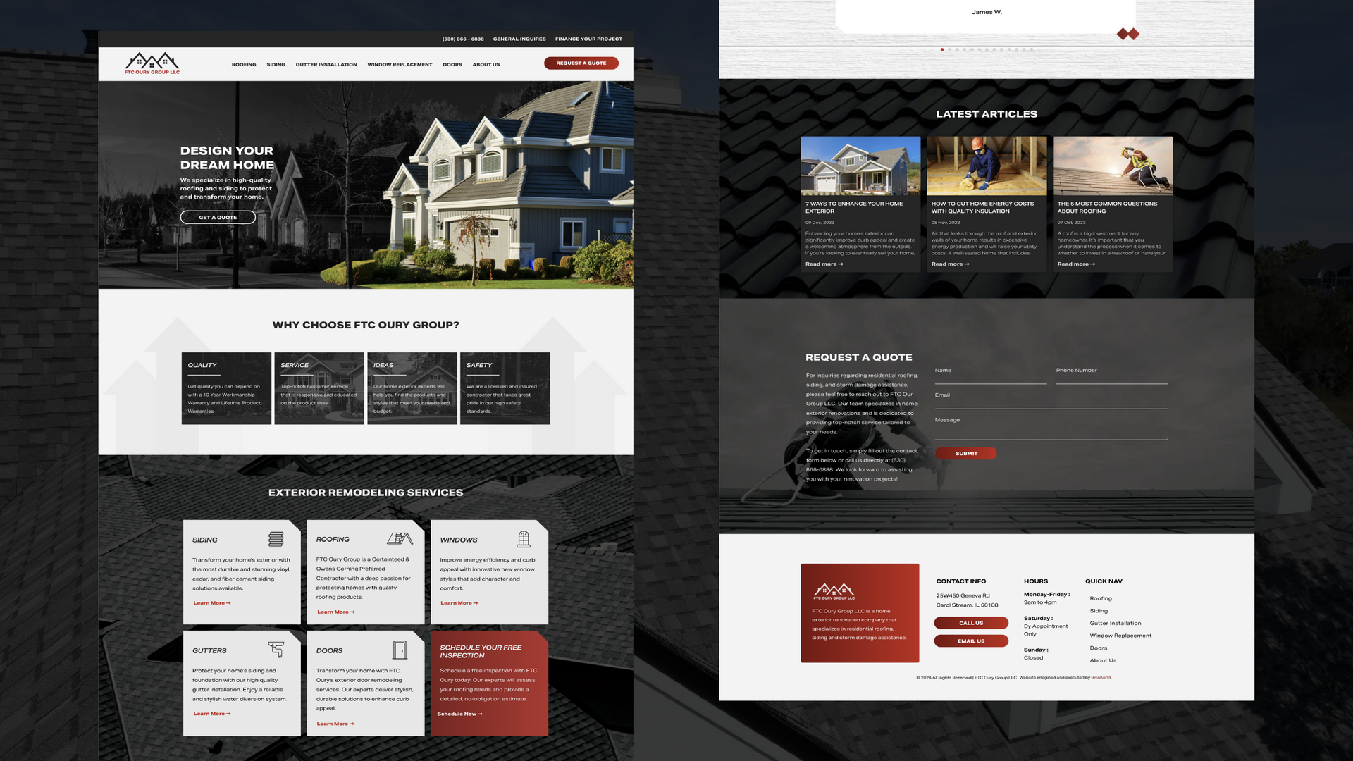 Two dark-themed website homepage mockups side by side with house photos and content cards