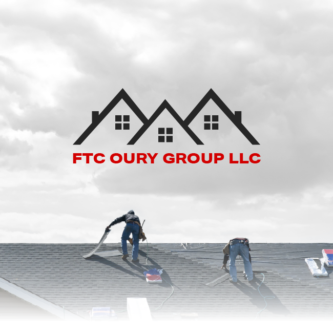 FTC Oury Group LLC logo above roofers working on a gray shingle roof under a cloudy sky