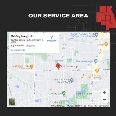 Map showing FTC Our Group, LLC service area with a red highlighted region and location pin.