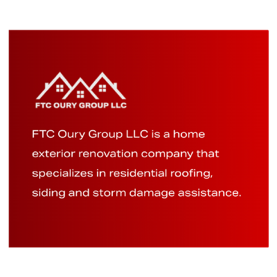 Red business card for FTC Oury Group LLC, a home exterior renovation company for roofing, siding, and storm damage assistance.
