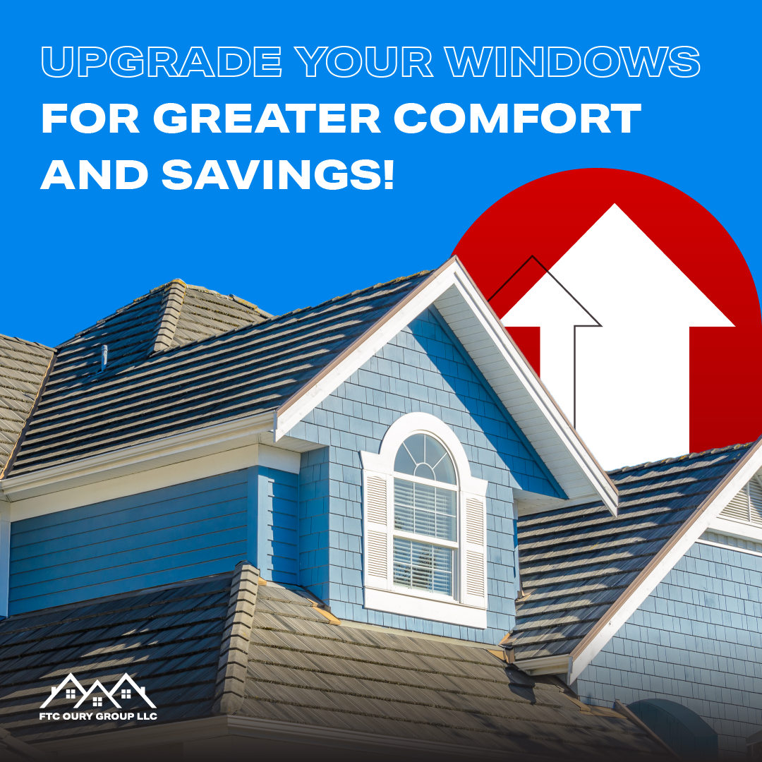 House with blue siding and gray roof under “Upgrade your windows for greater comfort and savings” ad with upward arrow.