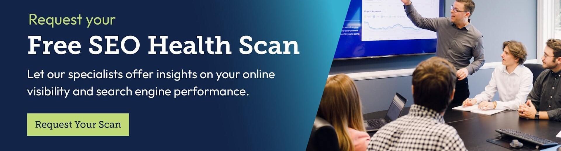 SEO health scan banner with a meeting room photo and a green