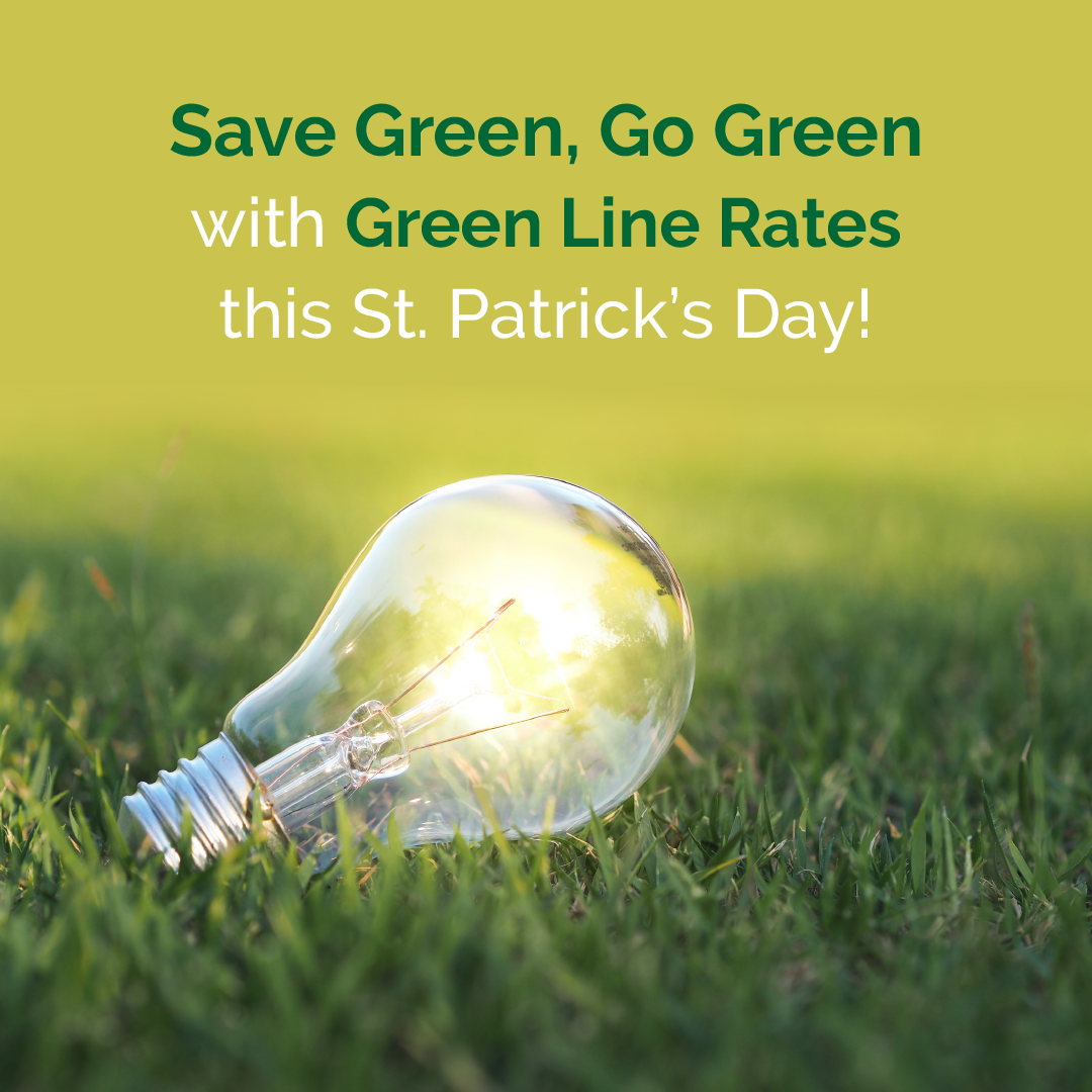 Light bulb in grass with “Save Green, Go Green” St. Patrick’s Day green energy rates text