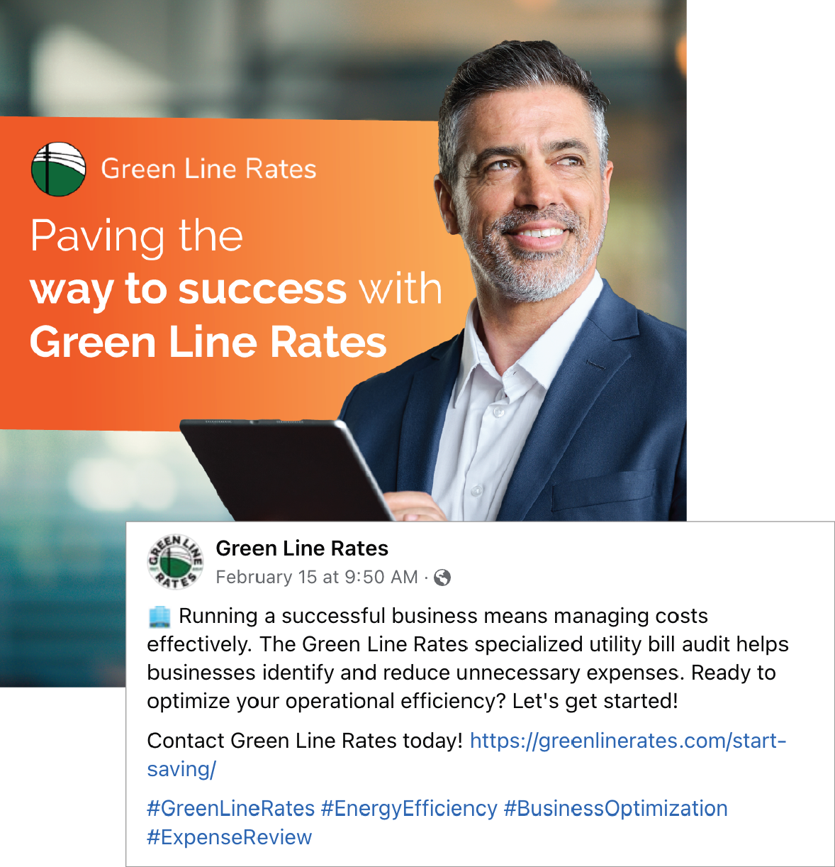 Green Line Rates ad with smiling man holding a laptop and headline “Paving the way to success”