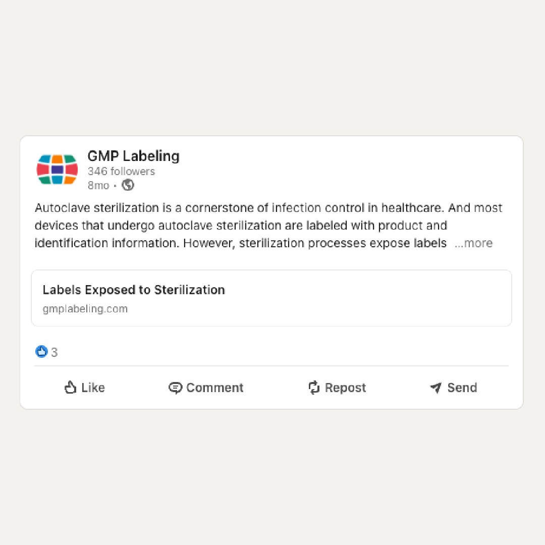 Screenshot of a LinkedIn post by GMP Labeling about labels exposed to sterilization and barrier packaging.