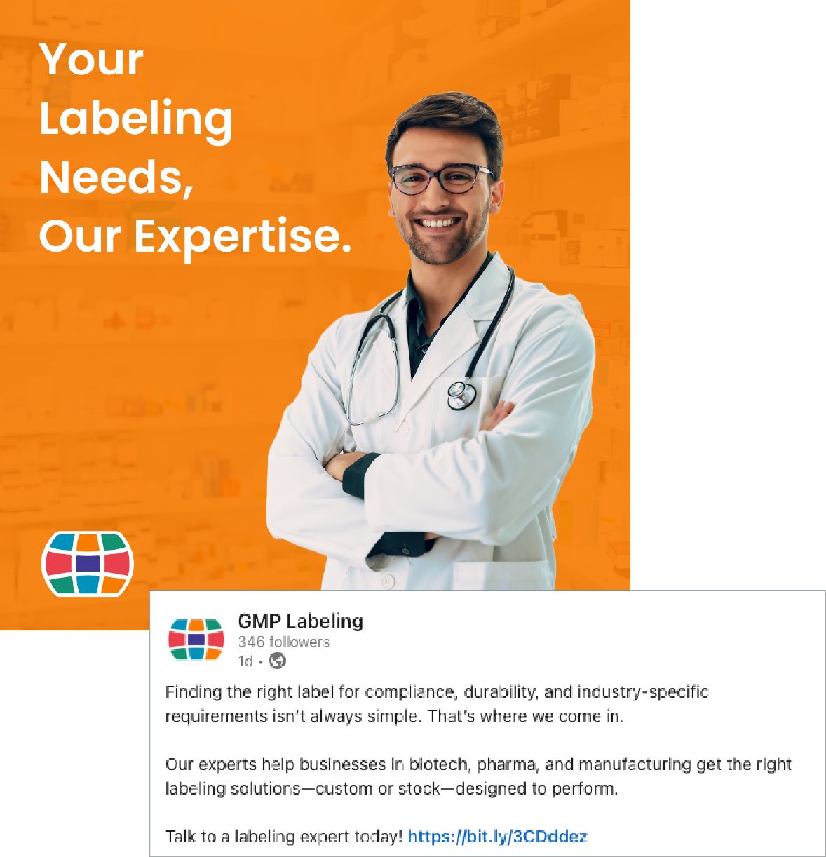 Doctor in white coat beside text: “Your Labeling Needs, Our Expertise.”