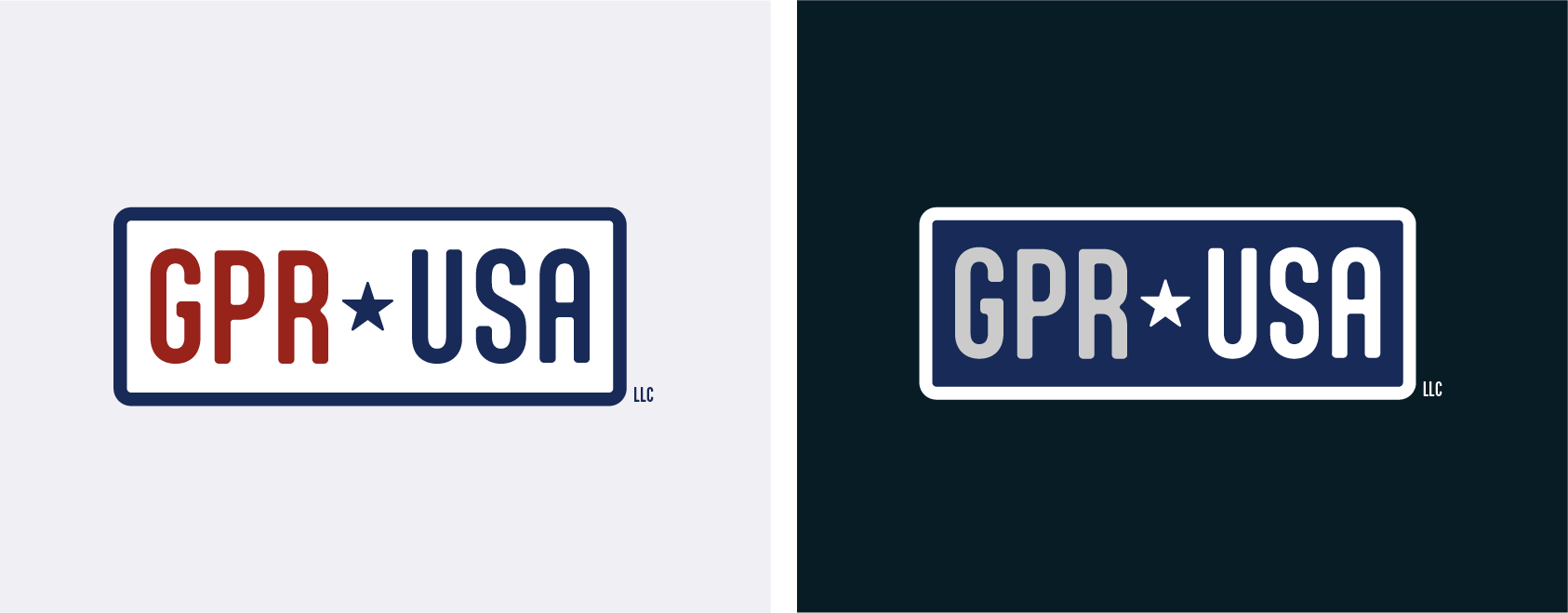 Side-by-side GPR USA logos: red on white and white on dark navy backgrounds.