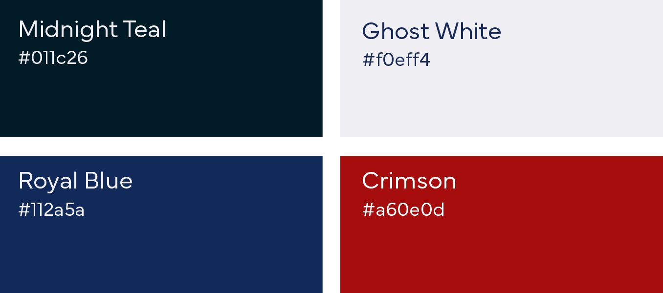 Four color swatches labeled Midnight Teal, Ghost White, Royal Blue, and Crimson with hex codes