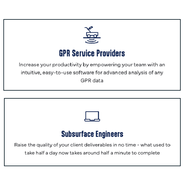 Two white cards with blue headings for GPR Service Providers and Subsurface Engineers, with brief product descriptions.