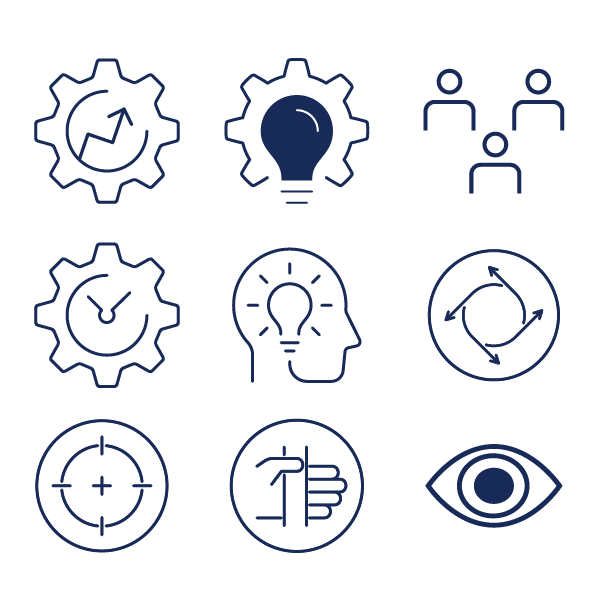 Nine blue line icons: gears, lightbulb, group, clock, heads, cycle arrows, target, hand, and eye.