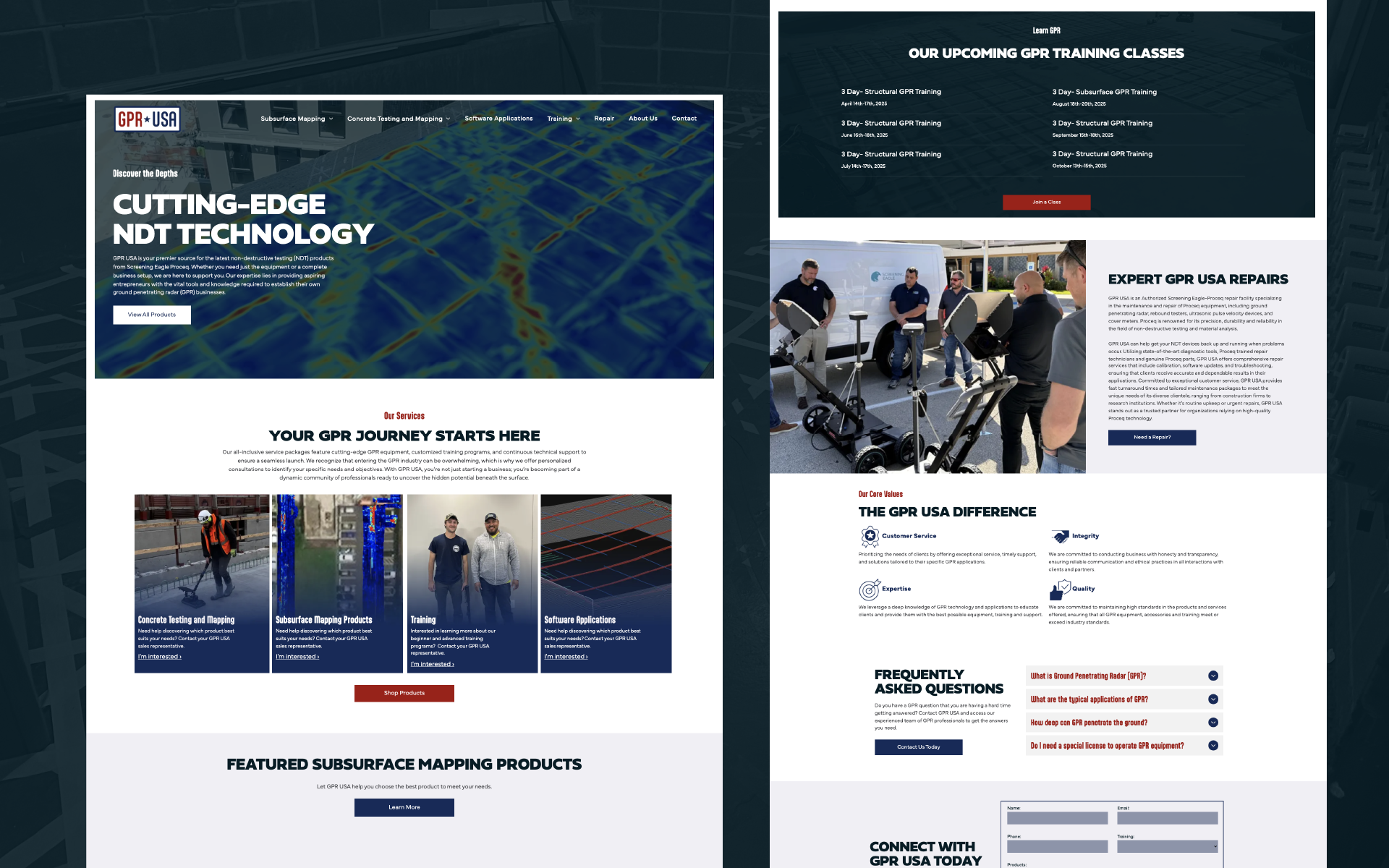 Two website homepage mockups with dark blue headers, hero banners, and article blocks in a responsive layout