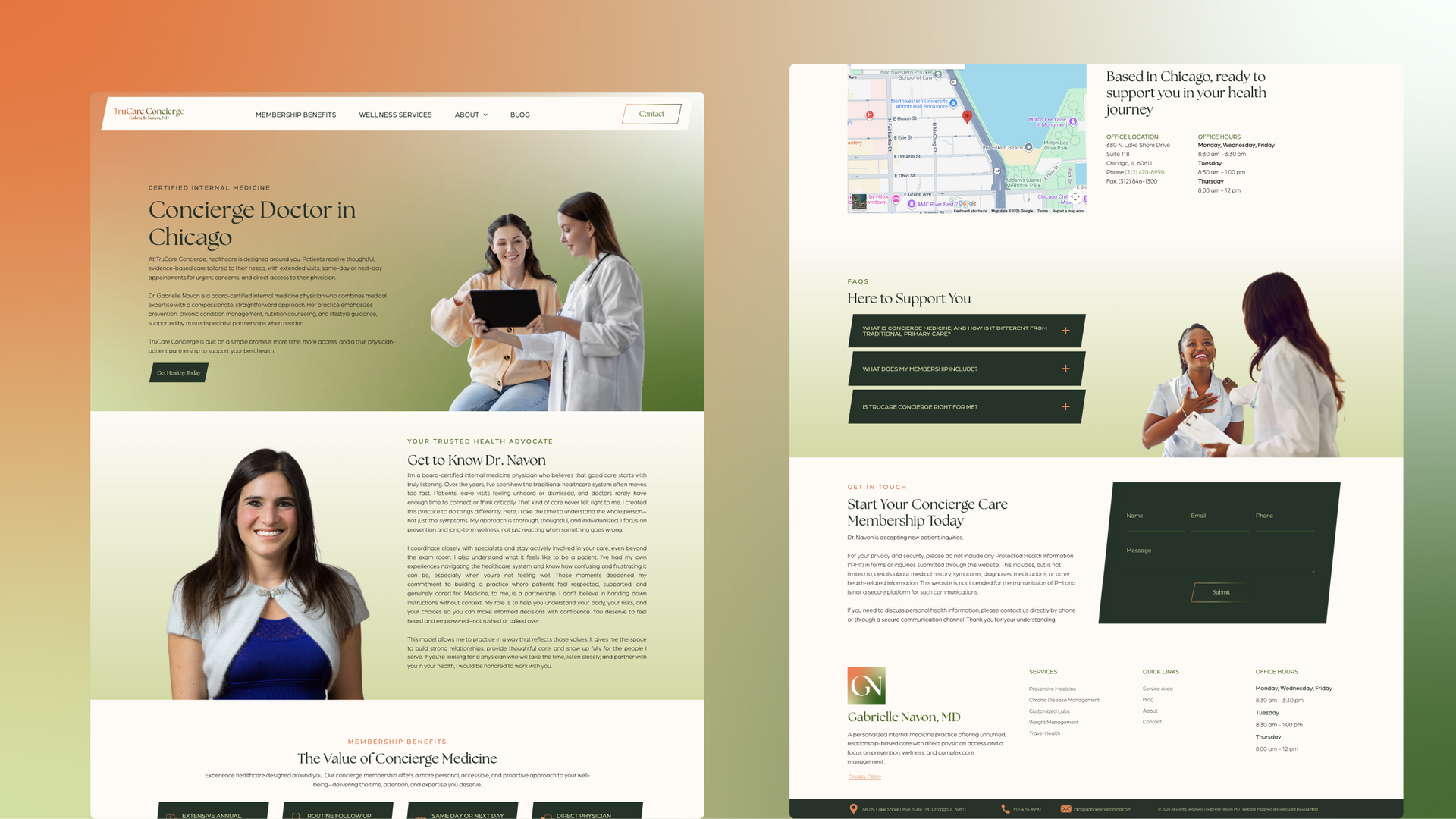 Two website homepage mockups with dark blue headers, hero banners, and article blocks in a responsive layout