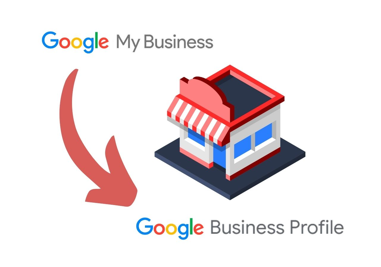 Google My Business to Google Business Profile logo change with arrow and storefront icon