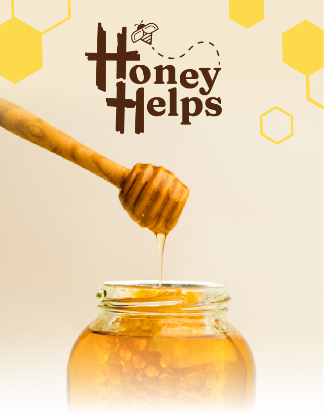 Honey dipper dripping honey into a jar beneath “Honey Helps” text on a warm yellow background