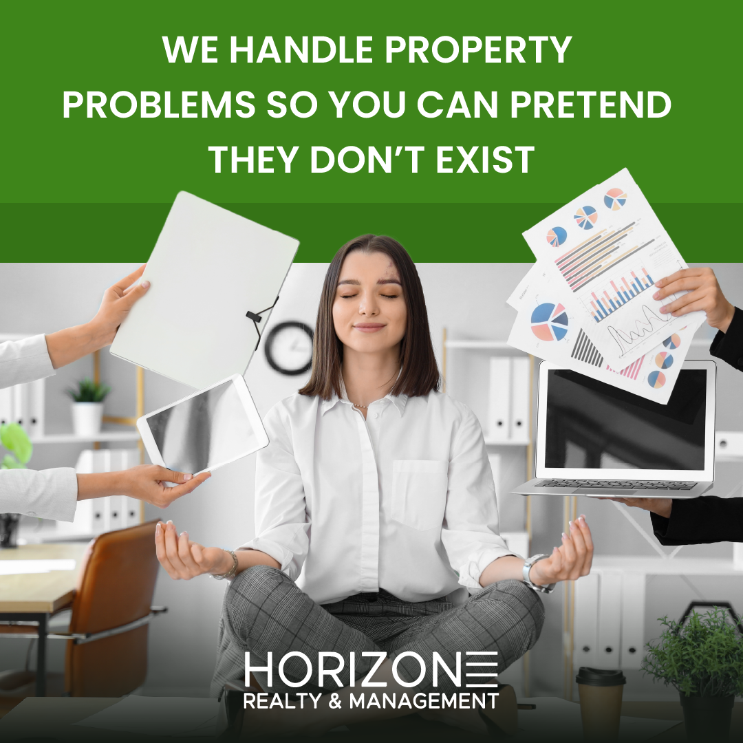 Green property management ad with a stressed woman meditating amid floating paperwork and a laptop