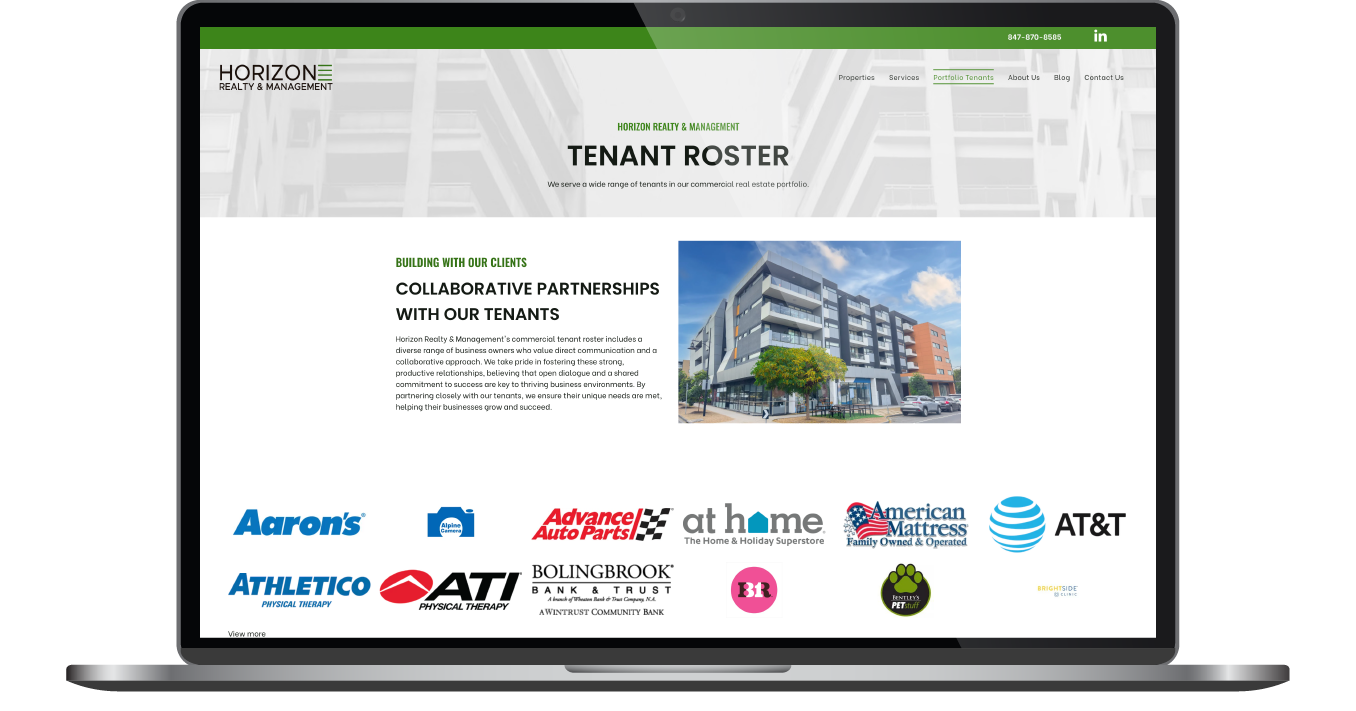Laptop screen showing a “Tenant Roster” webpage with a building photo and multiple company logos.