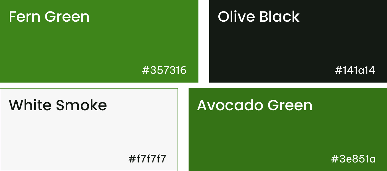 Four color swatches labeled Fern Green, Olive Black, White Smoke, and Avocado Green with hex codes.