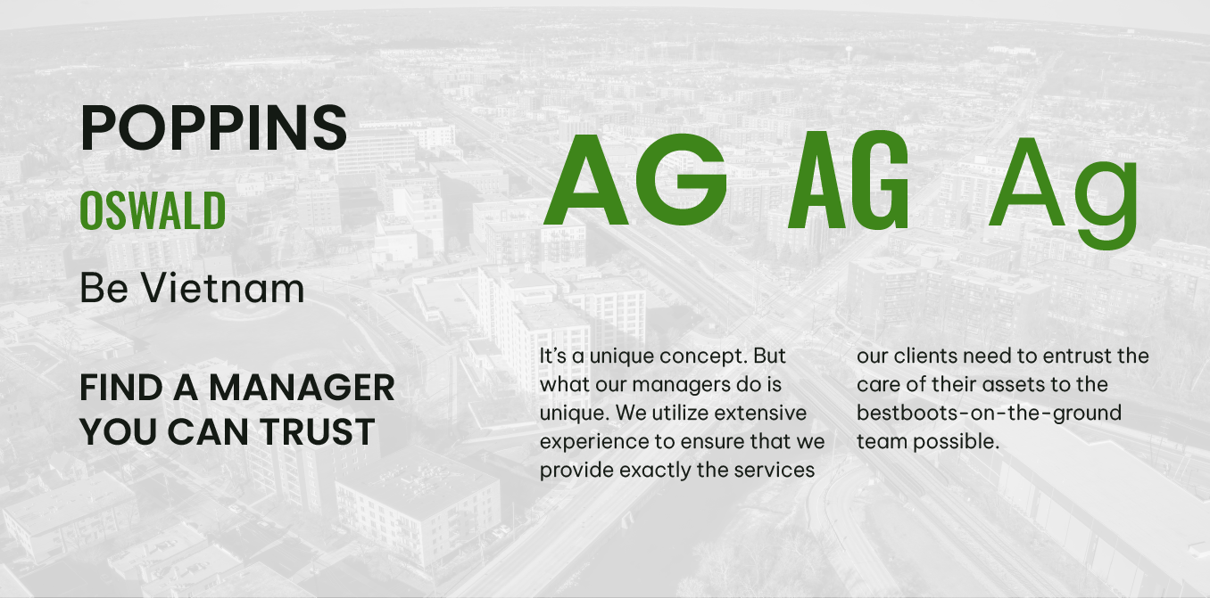 Poppins, Oswald and “AG” typography comparison with “Find a manager you can trust” text in green and black