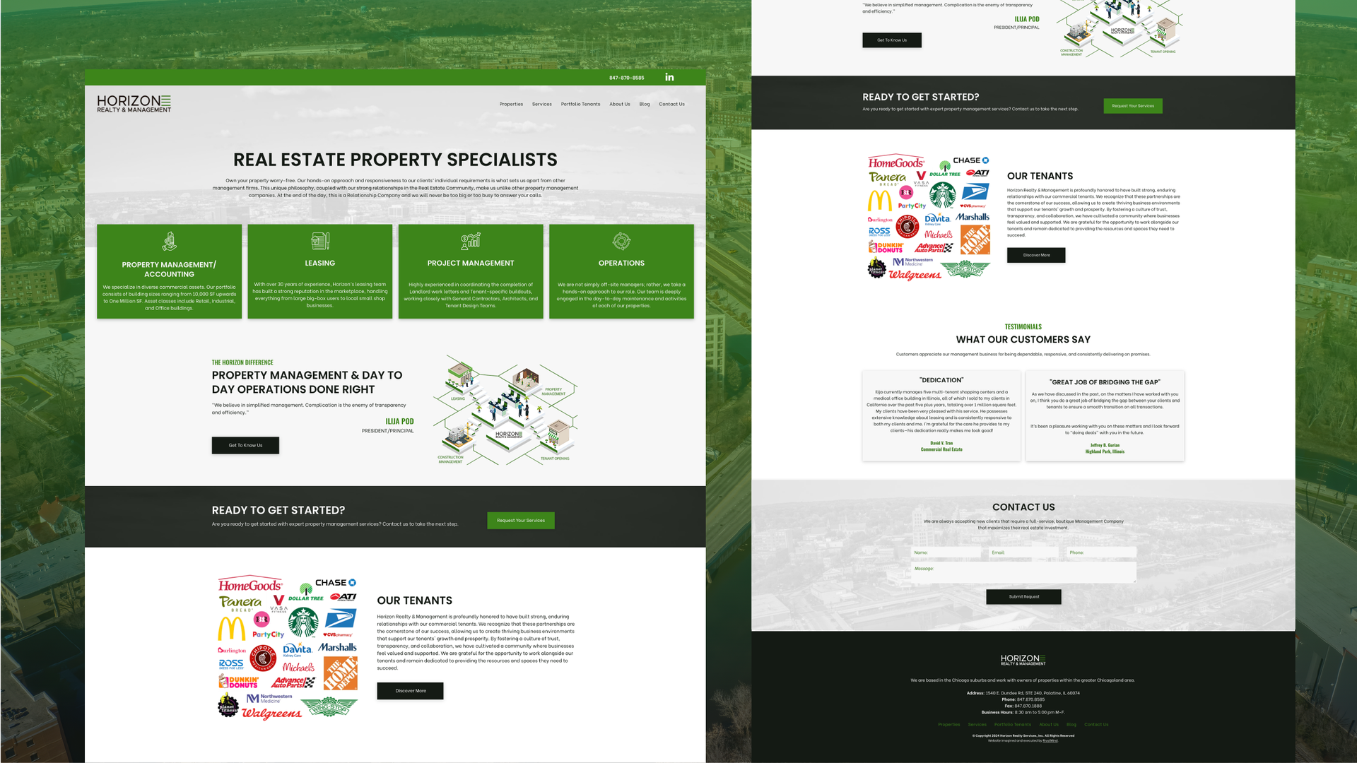 Website homepage mockup with green header, feature cards, and floral illustrations on a white background