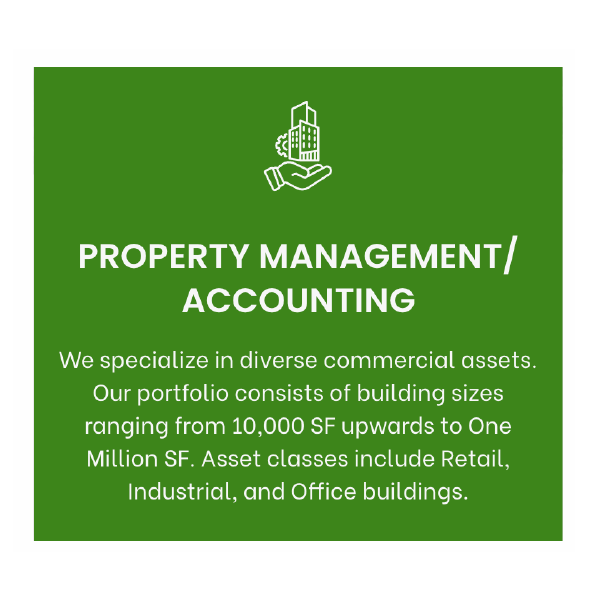 Green property management and accounting flyer with building-in-hand icon and white text on commercial assets.