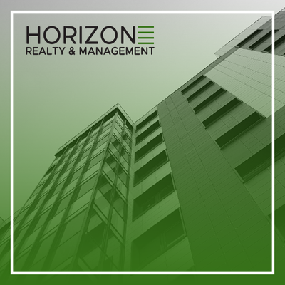 Horizon Realty & Management logo over green-toned high-rise buildings with a white border