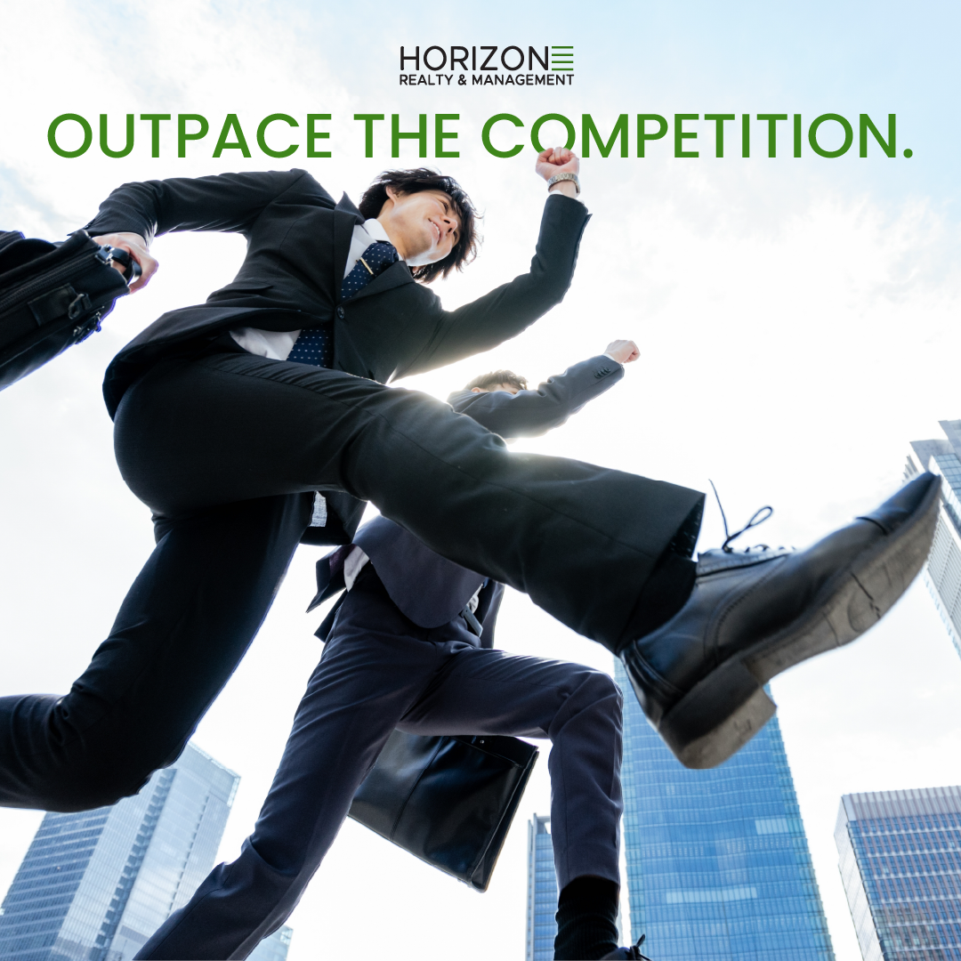 Businesspeople sprinting past skyscrapers with the slogan “Outpace the Competition.”