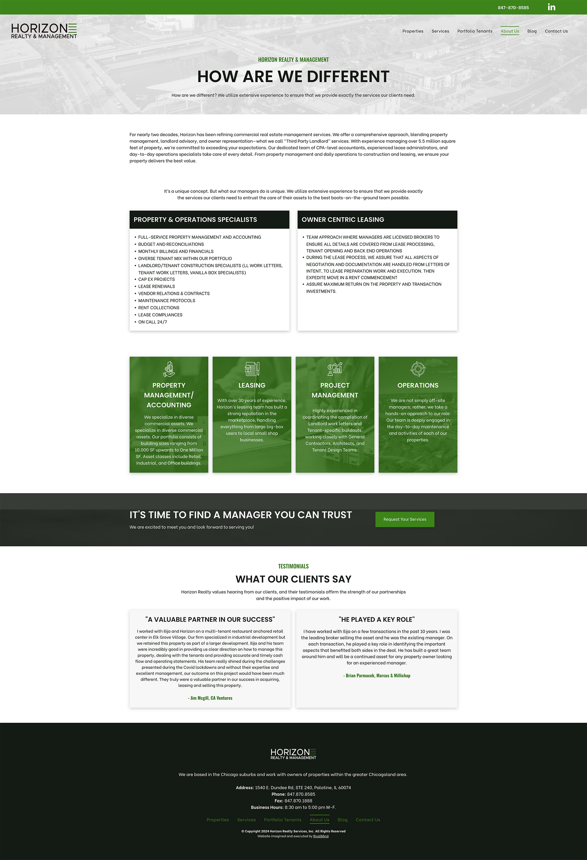 Website page with green and white sections and heading “How are we different?”