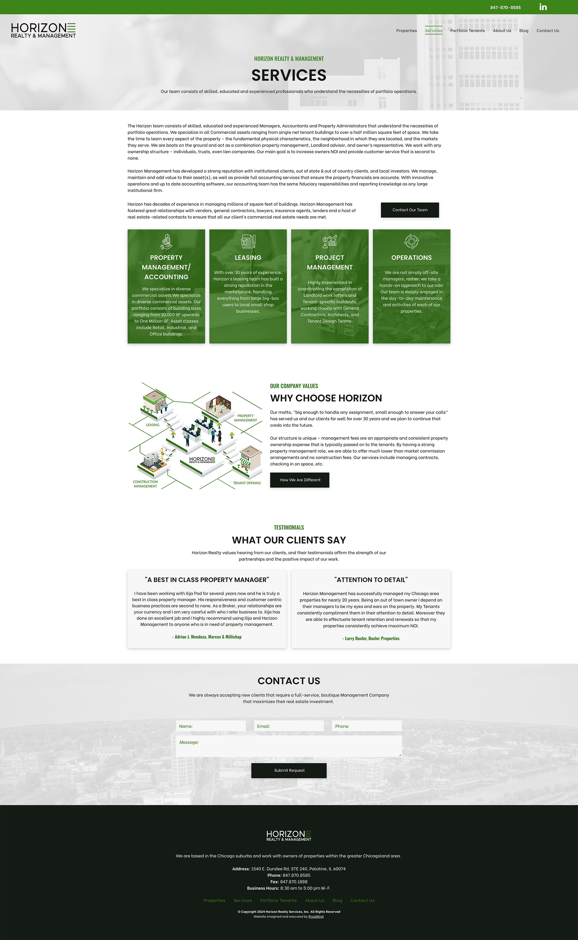 Website homepage with green feature cards, floral illustration, and a dark footer on a white background