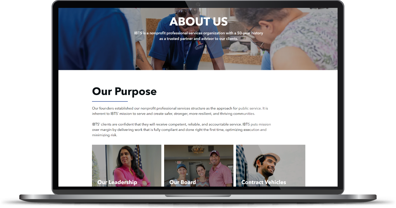 Laptop displaying an “About Us” webpage with a hero banner and “Our Purpose” section.