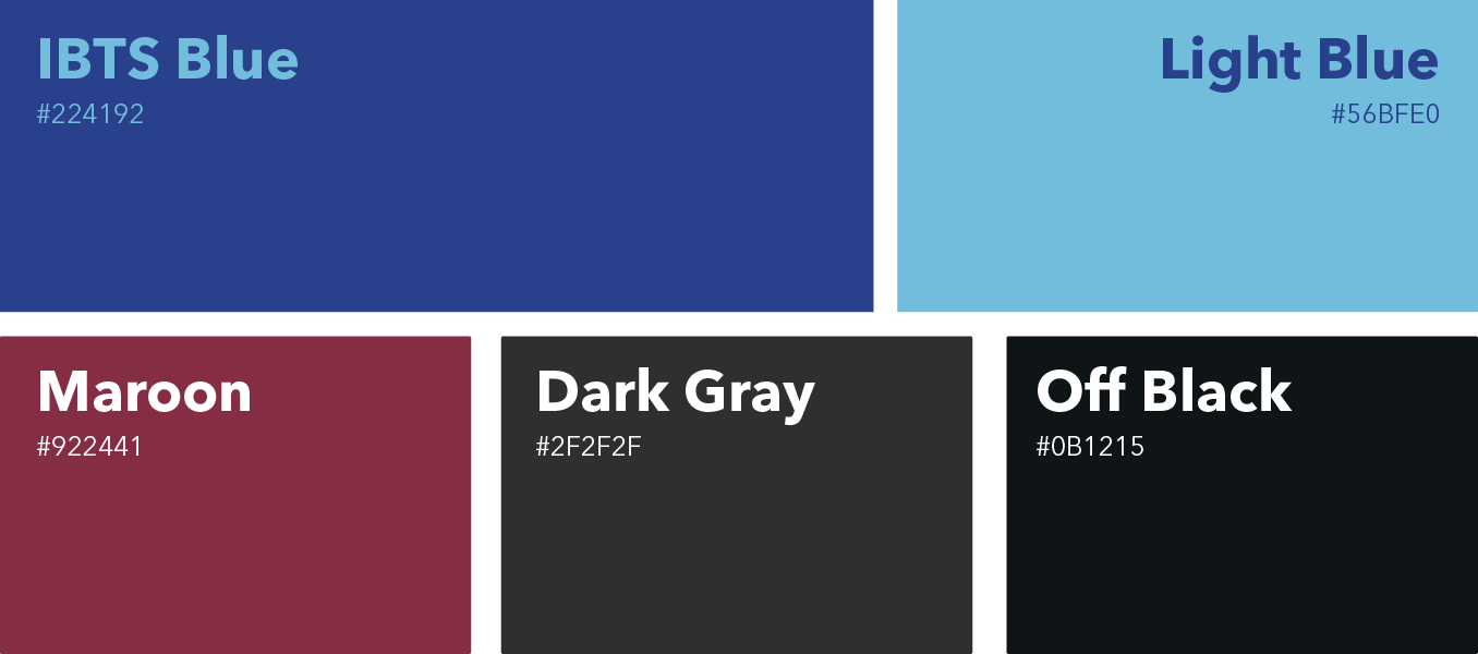 Color palette with labeled swatches: IBTS Blue, Light Blue, Maroon, Dark Gray, and Off Black