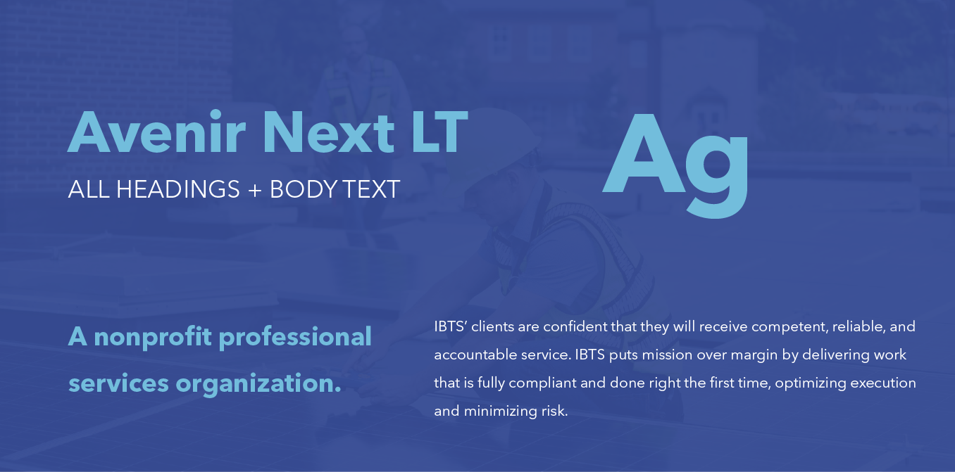 Avenir Next LT and Ag font sample on a blue background with white text and a “nonprofit professional services organization” tagline