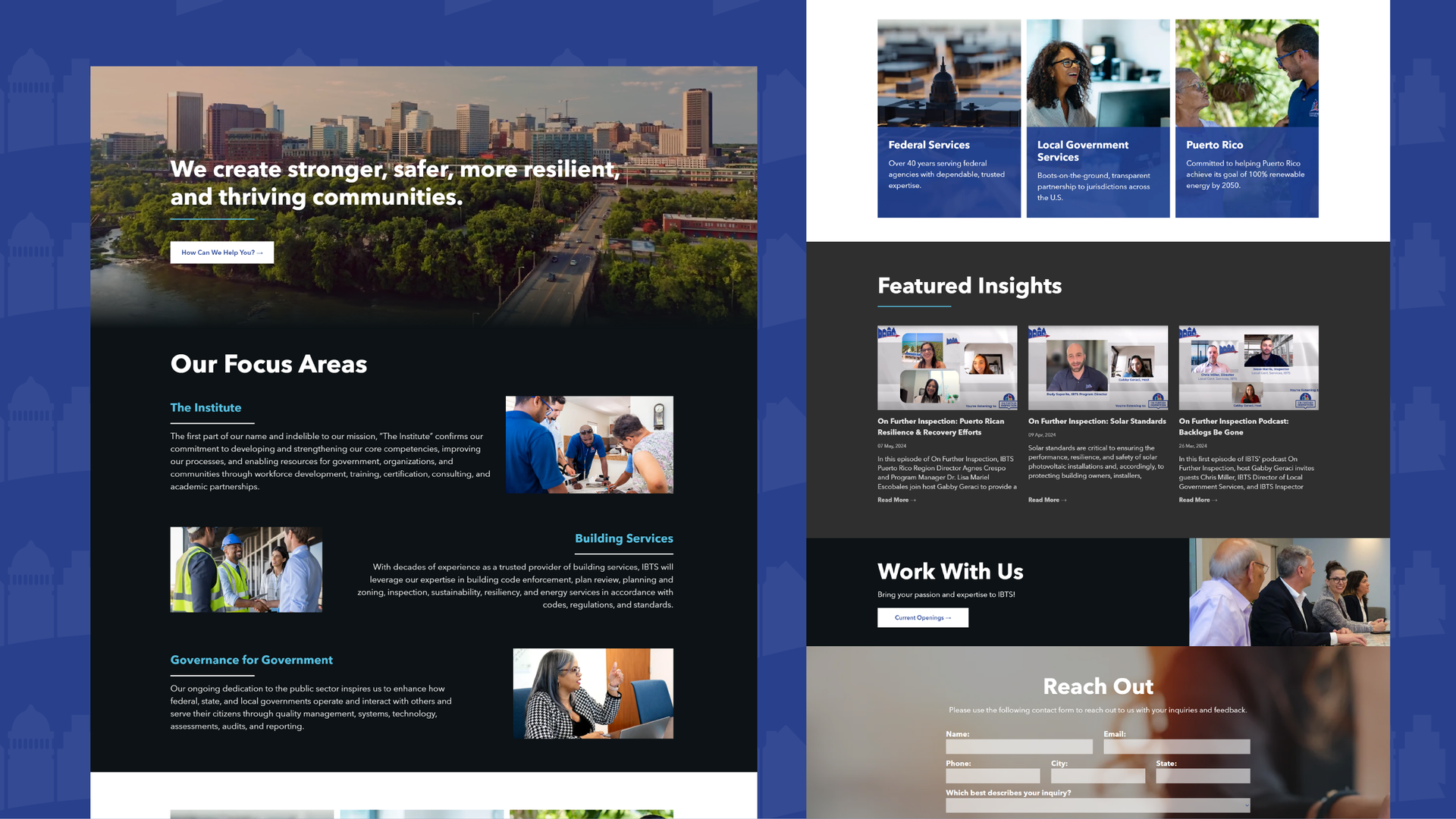Collage of three website pages with dark blue and gray layouts, news cards, and photo banners