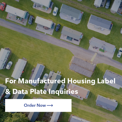 Aerial view of manufactured homes with text: “For Manufactured Housing Label & Data Plate Inquiries” and “Order Now”